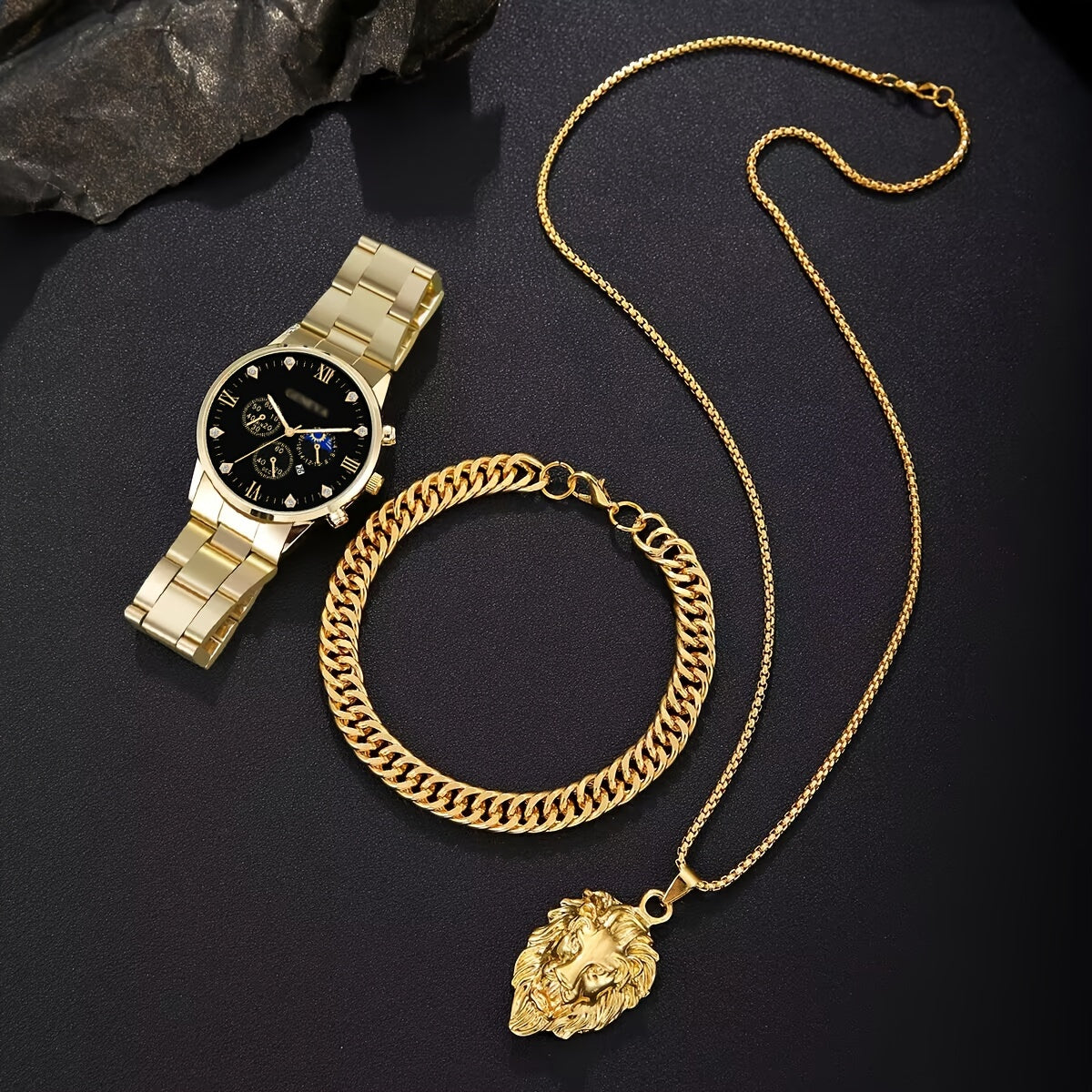 3/ Piece Set Men Fashion Alloy Watch, Alloy Bracelet And Lion Head Alloy Necklace Are Ideal Gifts for Men.