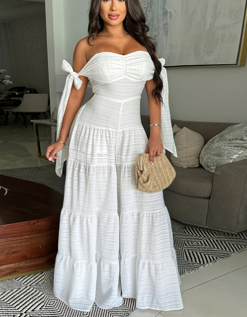 Load image into Gallery viewer, [Elegant Jumpsuit] White Elegant Off-Shoulder Wide-Leg Jumpsuit for Women | Sleeveless, High-Low Hem, Ruffle Detail, Textured Fabric, Perfect for Spring/Summer Parties &amp; Casual Outings
