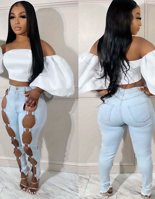 Load image into Gallery viewer, Women&#39;s Jeans - 2025 New Slim Sexy Light Blue Washed Steel Ring Lace-up Tight Ankle Jeans
