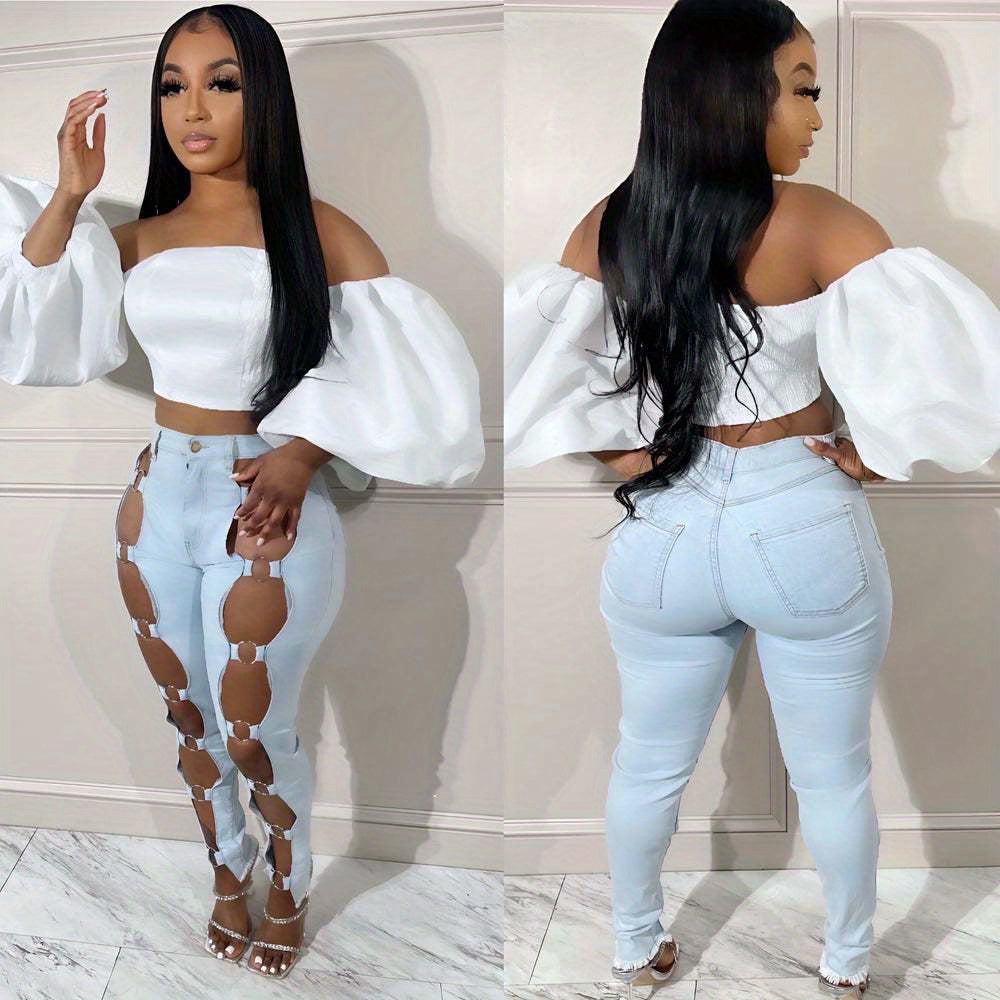 Women's Jeans - 2025 New Slim Sexy Light Blue Washed Steel Ring Lace-up Tight Ankle Jeans
