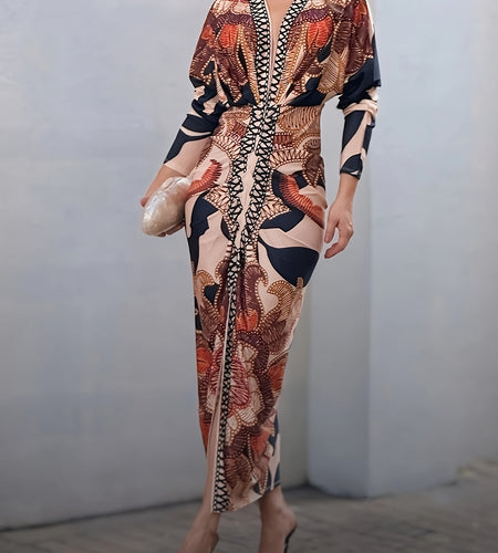 Vintage Baroque Slim Fit Midi Dress Long Sleeve Plunge V-Neck Bodycon Sexy Split Geometric Pattern Casual Wear Polyester Blend