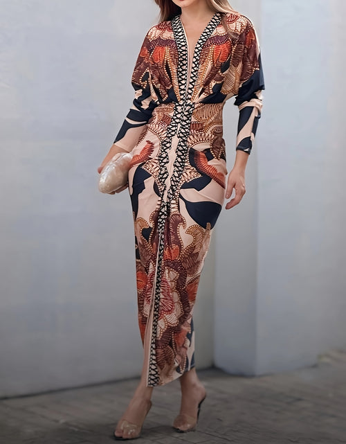 Load image into Gallery viewer, Vintage Baroque Slim Fit Midi Dress Long Sleeve Plunge V-Neck Bodycon Sexy Split Geometric Pattern Casual Wear Polyester Blend
