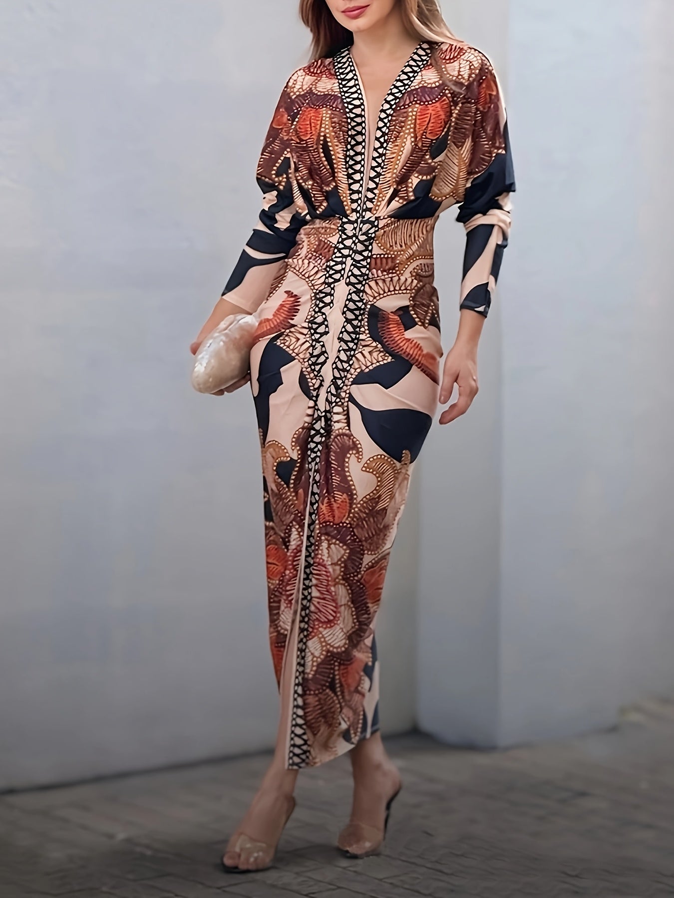 Vintage Baroque Slim Fit Midi Dress Long Sleeve Plunge V-Neck Bodycon Sexy Split Geometric Pattern Casual Wear Polyester Blend