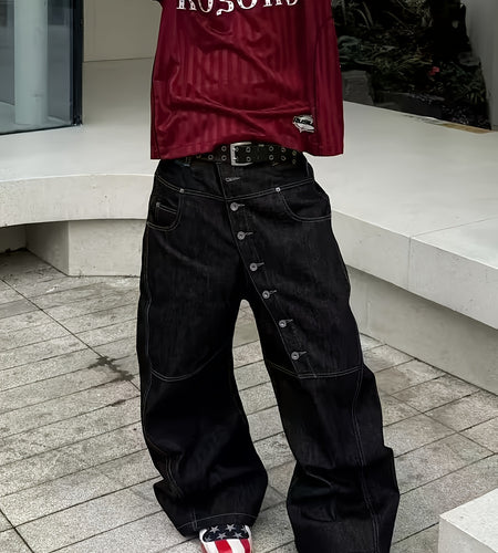 American Retro High Street Men Faux Denim Loose Fit Wide Leg Long Pants with Curved Button Design Trendy All Seasons