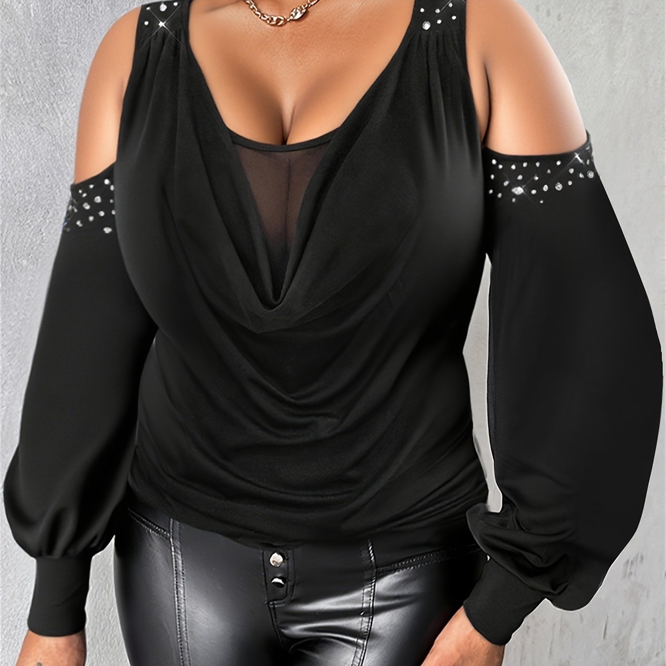Plus Size - Plus Size - Plus Size Rhinestone Cowl Neck Lantern Sleeve Blouse - Casual Cold Shoulder Top with Mesh Lining, Stretchy & Breathable Fabric