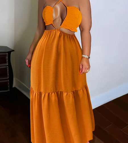 Plus Size Solid Color Tie Dress Sexy Fashion Halter Neck Non-Stretch Polyester