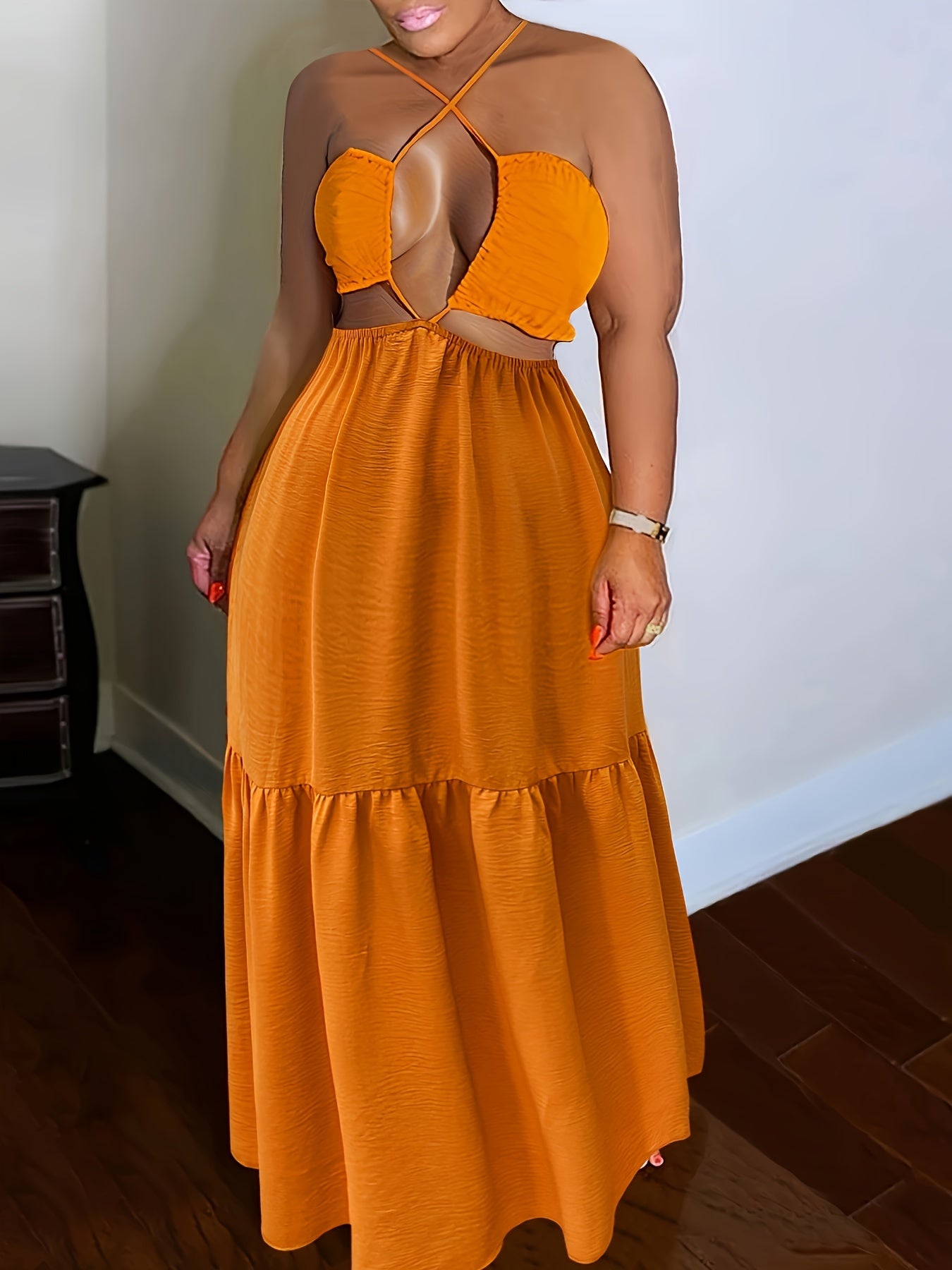 Plus Size Solid Color Tie Dress Sexy Fashion Halter Neck Non-Stretch Polyester