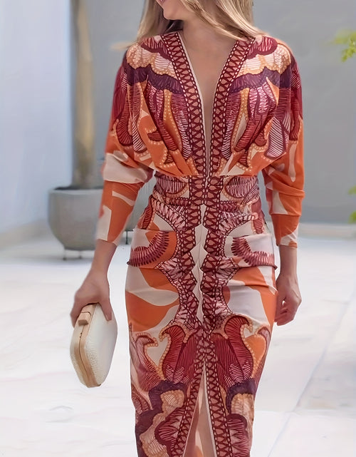 Load image into Gallery viewer, Vintage Baroque Slim Fit Midi Dress Long Sleeve Plunge V-Neck Bodycon Sexy Split Geometric Pattern Casual Wear Polyester Blend
