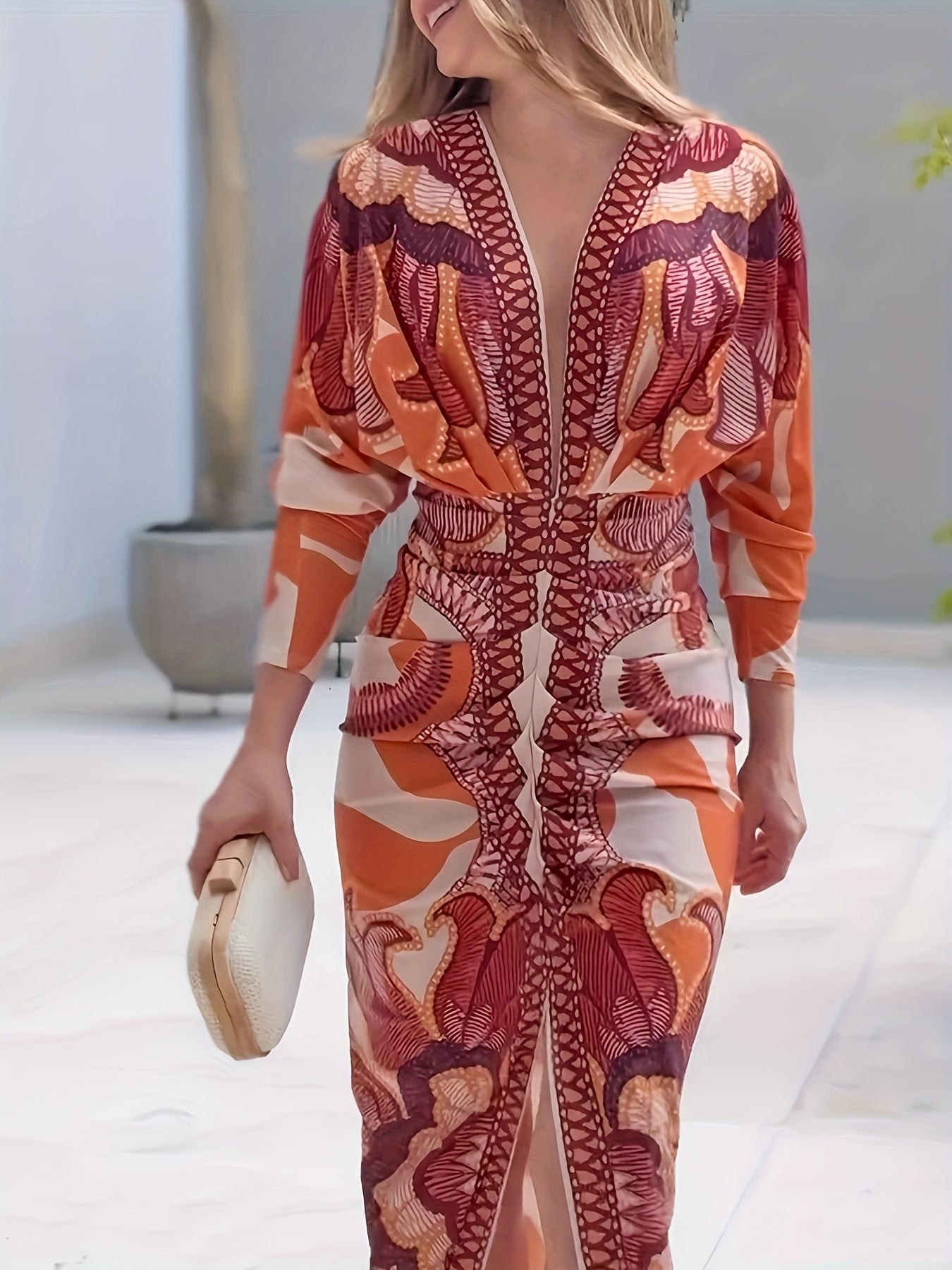 Vintage Baroque Slim Fit Midi Dress Long Sleeve Plunge V-Neck Bodycon Sexy Split Geometric Pattern Casual Wear Polyester Blend