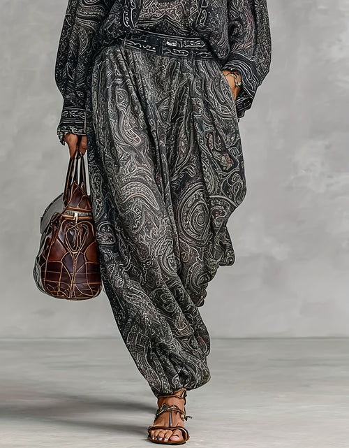 Load image into Gallery viewer, Women Elegant Vintage Paisley Print Chiffon Long-Sleeve Top with a Stand Collar, Paired with Loose-Fitting Wide-Leg Pants for Casual Everyday Wear
