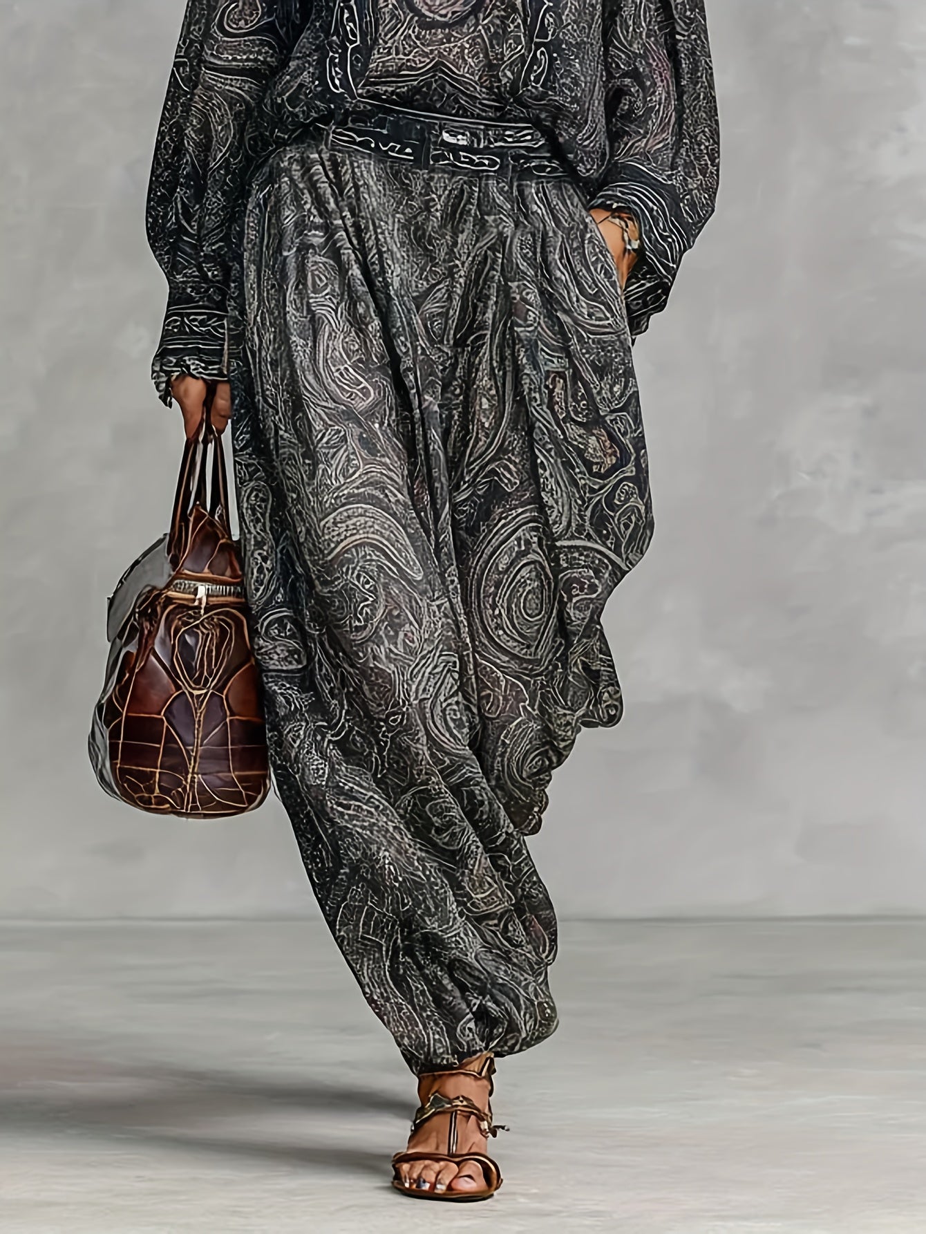 Women Elegant Vintage Paisley Print Chiffon Long-Sleeve Top with a Stand Collar, Paired with Loose-Fitting Wide-Leg Pants for Casual Everyday Wear