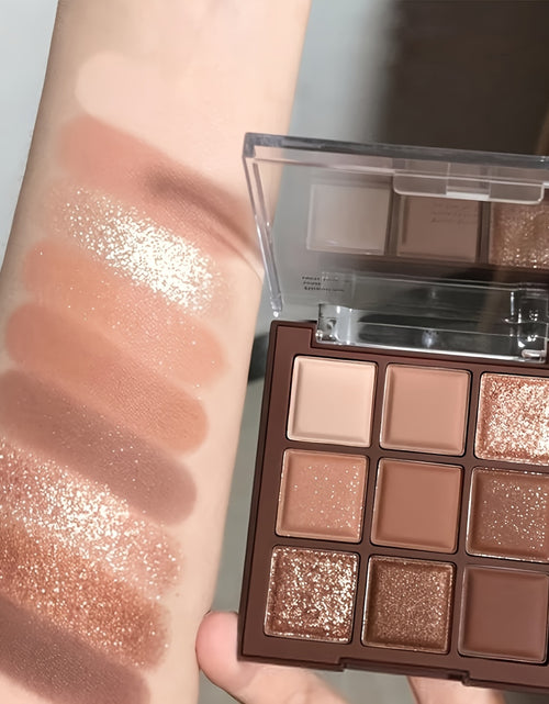 Load image into Gallery viewer, 9-Color Chocolate Brown Eyeshadow Palette - Luxurious Matte, Shimmer &amp; Glitter Shades - Highly Pigmented, Waterproof, Long-Lasting, Natural Nudes - Perfect for All-Day Wear
