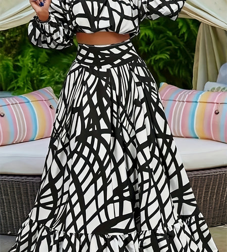 Fashionable Plus Size Elegant and Trendy One-Shoulder Short Top with Waist Collection Loose Zipper Half Skirt Set