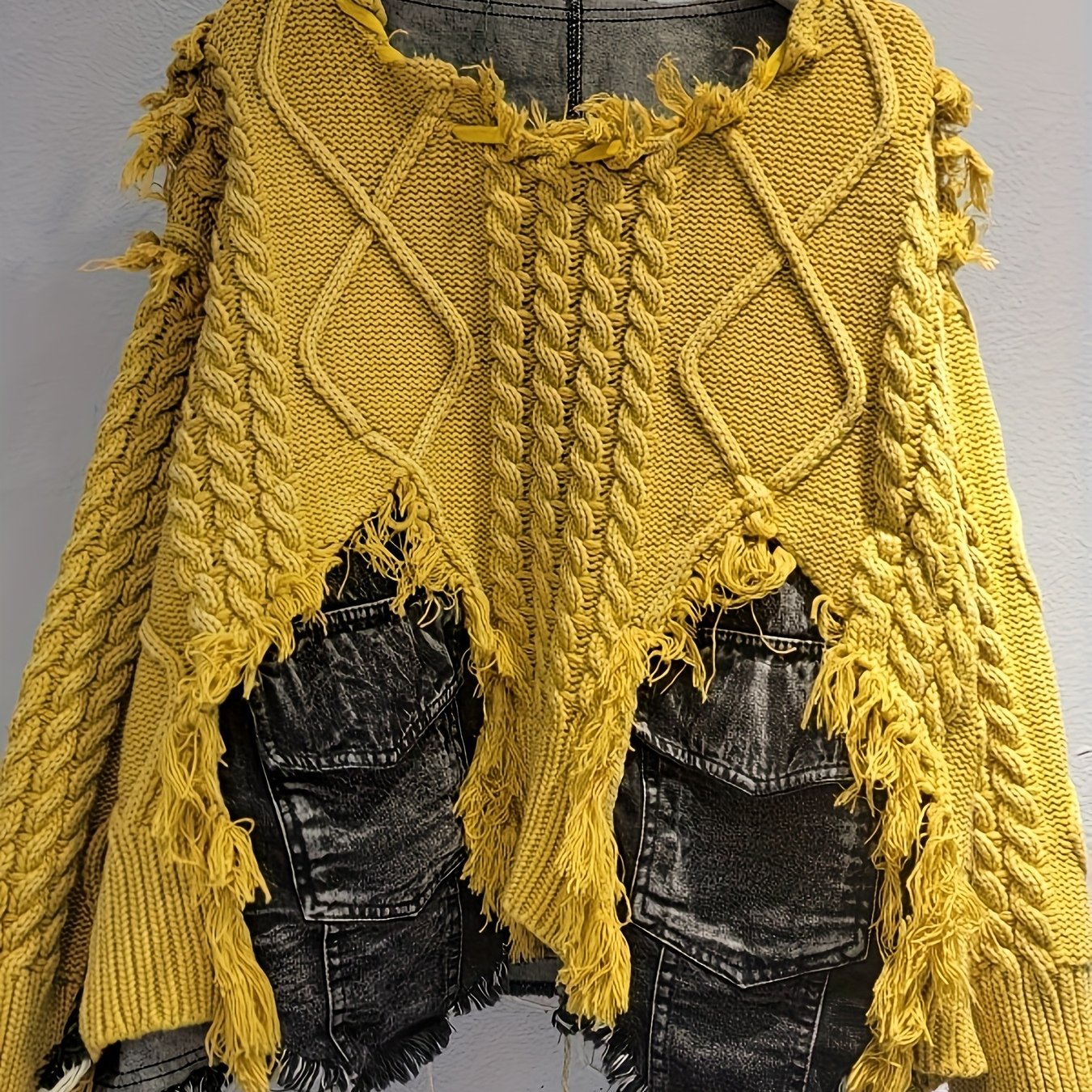 Trendy Braided Patchwork Denim Crewneck Long-Sleeve Cropped Sweater for Women, Fall/ Winter 2025