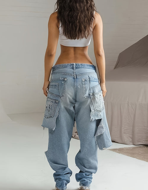 Load image into Gallery viewer, Y2K Double Waistband Jeans | Distressed Low Rise with Asymmetric Patchwork &amp; Raw Hem, Edgy Streetwear Pants
