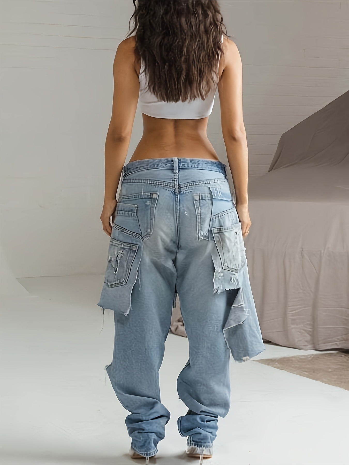 Y2K Double Waistband Jeans | Distressed Low Rise with Asymmetric Patchwork & Raw Hem, Edgy Streetwear Pants