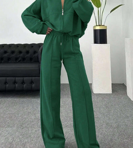 Women 2pcs Winter Suit: Dark Green Stand Collar Zipper Jacket & Wide-Leg Pants - Elegant Casual Outfits for Fall/Winter, (Hand Washable) | 2pcs Collection