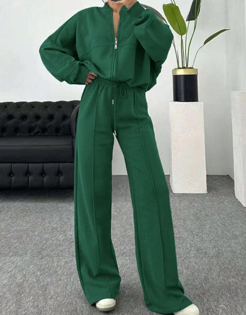 Load image into Gallery viewer, Women 2pcs Winter Suit: Dark Green Stand Collar Zipper Jacket &amp; Wide-Leg Pants - Elegant Casual Outfits for Fall/Winter, (Hand Washable) | 2pcs Collection
