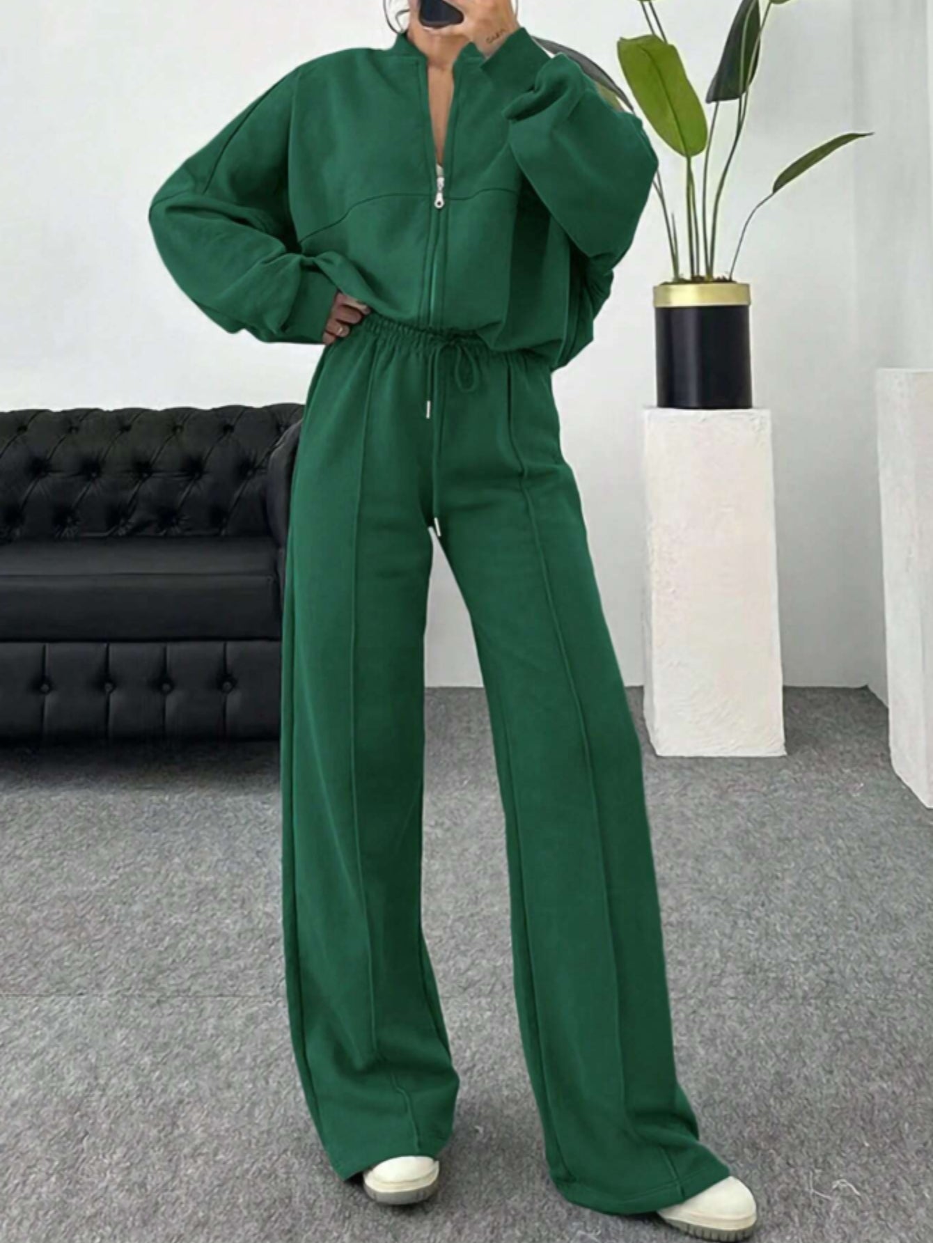 Women 2pcs Winter Suit: Dark Green Stand Collar Zipper Jacket & Wide-Leg Pants - Elegant Casual Outfits for Fall/Winter, (Hand Washable) | 2pcs Collection