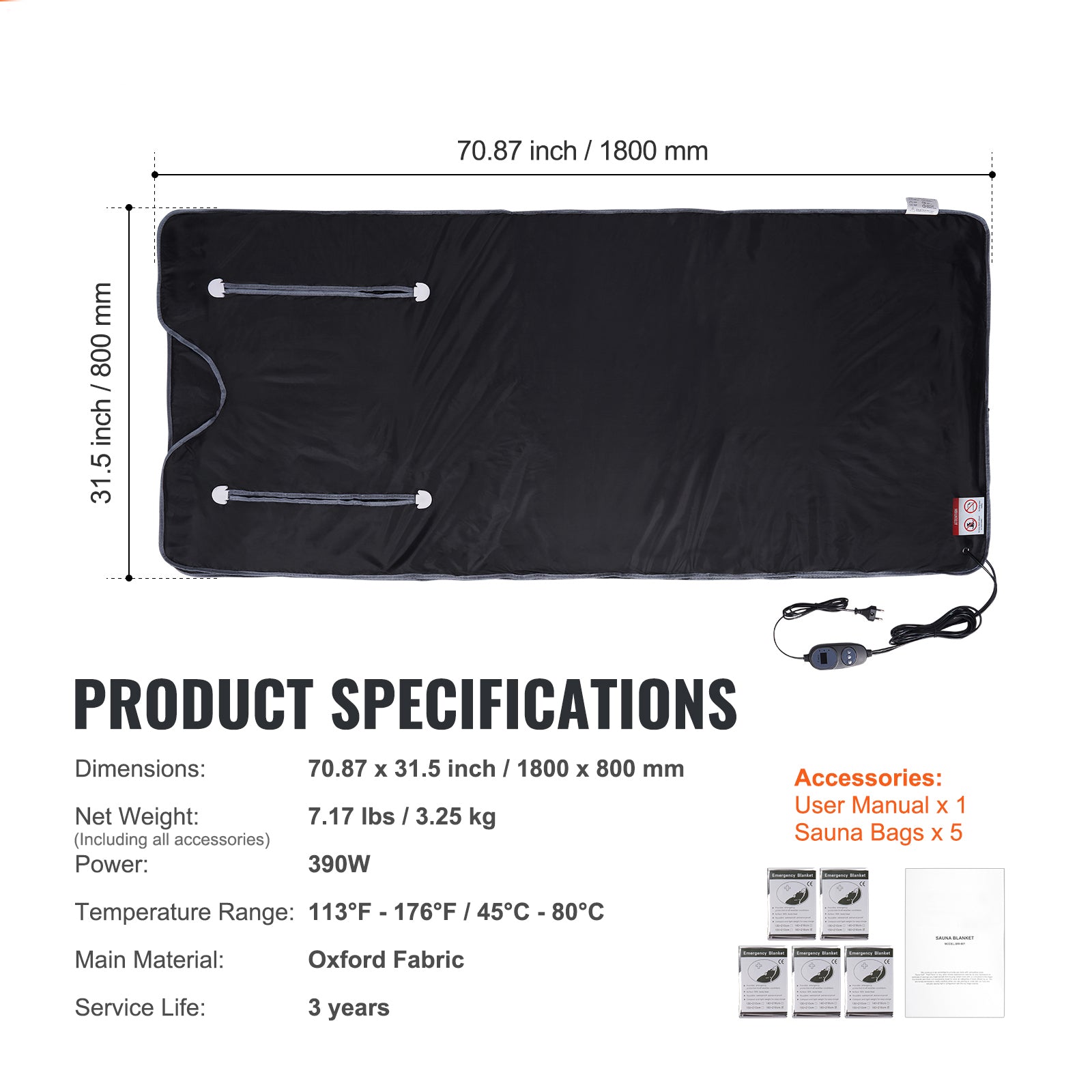 Sauna Blanket for Detoxification, Portable Far Infrared Sauna for Home, Oxford Sauna Bag w/ Arm Holes & Carbon Fiber Heating, 1-6 Level Adjustable Temp 95-176, 5-60 Minutes Timer, 71 x 31 in