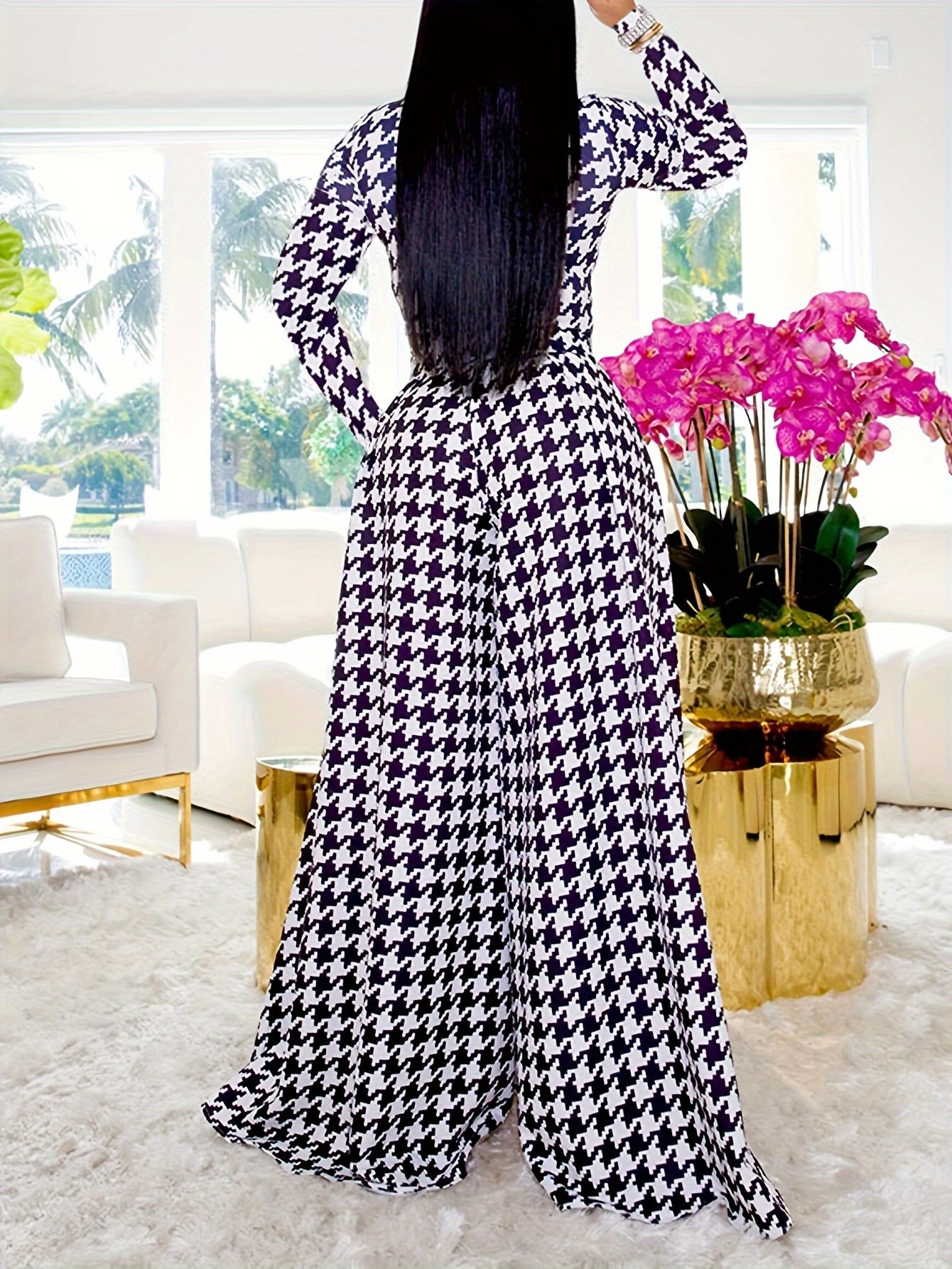 Women Print Long Sleeve Casual Polyester Knit Pants Suit with Round Neck for Autumn/Winter