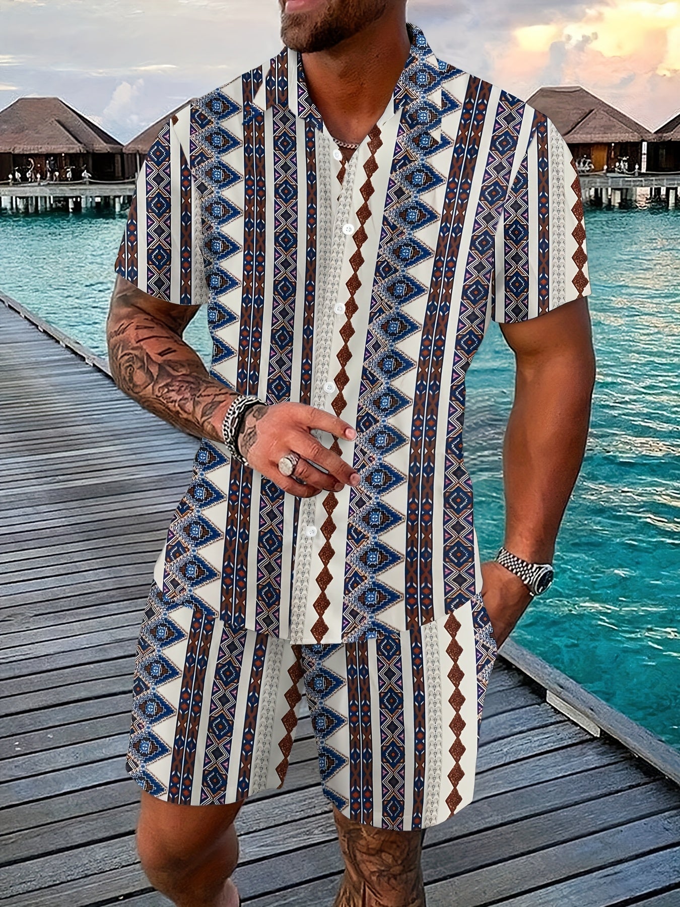 Men's Beach Style Fashion Set - Short-Sleeved Shirt & Shorts - Eye-Catching Keep Short