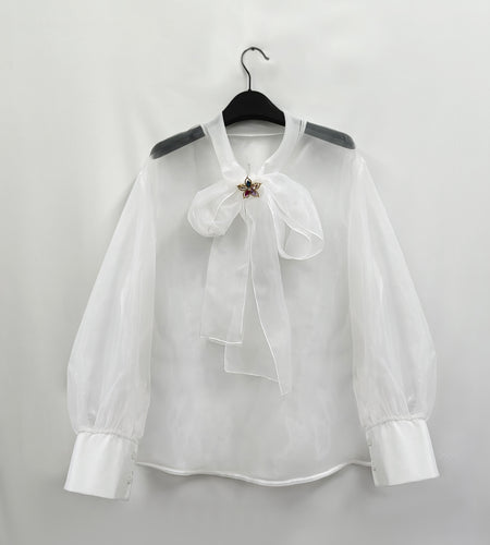 Elegant Plus Size Women'S Blouse with Sexy Bow Collar, Bubble Sleeves, and Pearl Accents - Chic Solid Color Non-Stretch Fabric for All Seasons, Plus Size Blouses