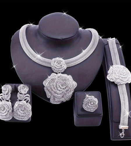 Luxury Rhinestone Rose Necklace Set for Women, Alloy Jewelry Set with Earrings, and Bracelet,