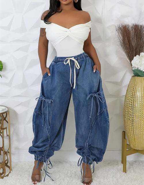 Load image into Gallery viewer, Women Baggy Denim Harem Pants - Elastic Drawstring Waist Wide Leg Jeans With Bow Tie &amp; Pockets  (Vintage Distressed Wash)
