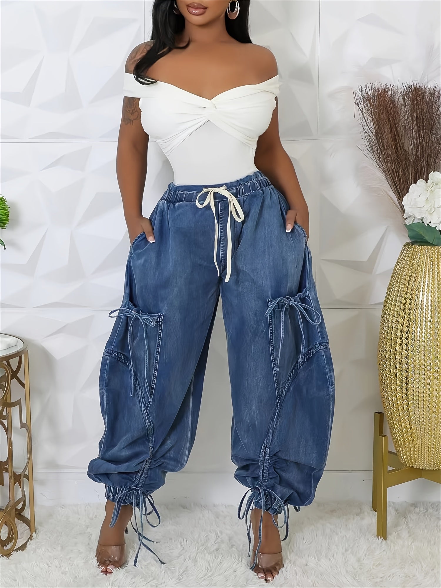 Women Baggy Denim Harem Pants - Elastic Drawstring Waist Wide Leg Jeans With Bow Tie & Pockets  (Vintage Distressed Wash)
