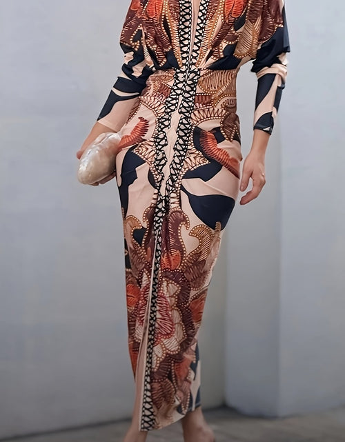 Load image into Gallery viewer, Vintage Baroque Slim Fit Midi Dress Long Sleeve Plunge V-Neck Bodycon Sexy Split Geometric Pattern Casual Wear Polyester Blend
