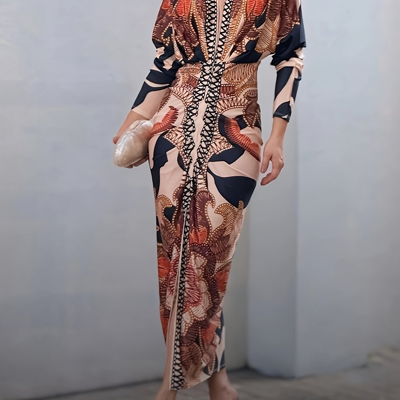 Vintage Baroque Slim Fit Midi Dress Long Sleeve Plunge V-Neck Bodycon Sexy Split Geometric Pattern Casual Wear Polyester Blend
