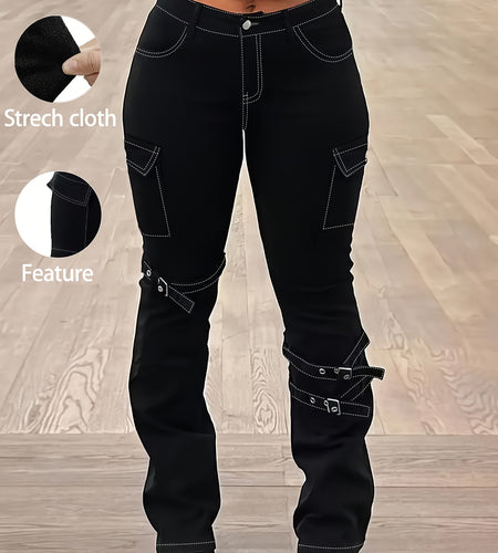 Plus Size Women American Retro Street Jeans - Solid Black Detachable Lace-Up Flap Side Pockets, Bootcut High Waist, Mature Comfortable Fashion Outfit