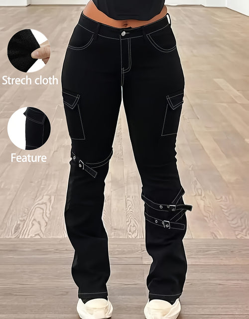Load image into Gallery viewer, Plus Size Women American Retro Street Jeans - Solid Black Detachable Lace-Up Flap Side Pockets, Bootcut High Waist, Mature Comfortable Fashion Outfit
