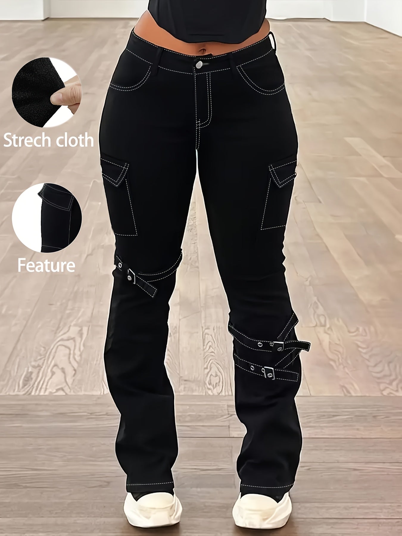 Plus Size Women American Retro Street Jeans - Solid Black Detachable Lace-Up Flap Side Pockets, Bootcut High Waist, Mature Comfortable Fashion Outfit