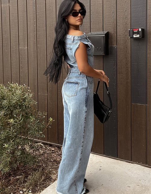 Load image into Gallery viewer, Women&#39;s Denim Jumpsuit - Y2K Inspired, Distressed Blue, Wide Leg, Asymmetrical Hem, Vintage 90s Style
