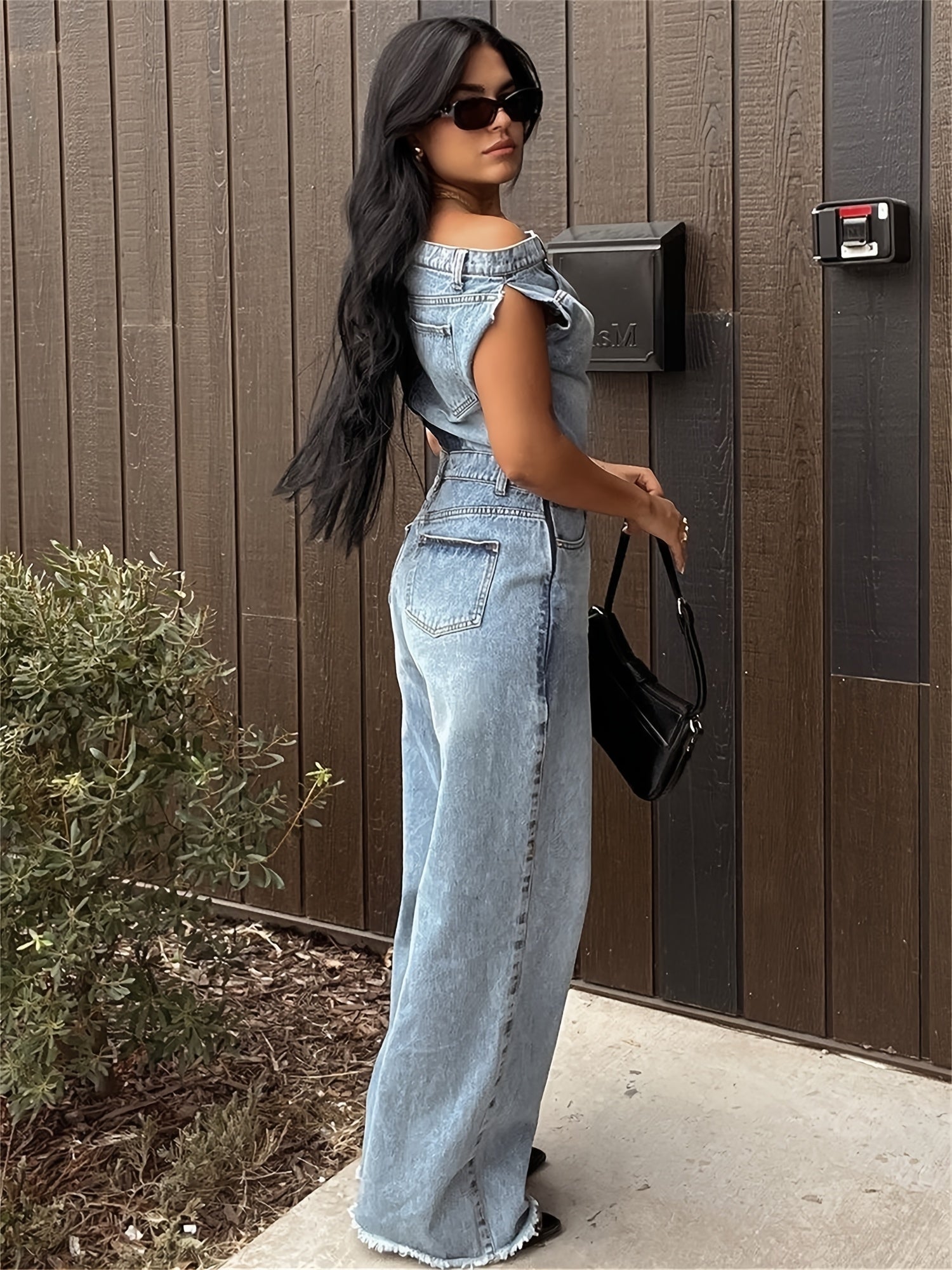 Women's Denim Jumpsuit - Y2K Inspired, Distressed Blue, Wide Leg, Asymmetrical Hem, Vintage 90s Style