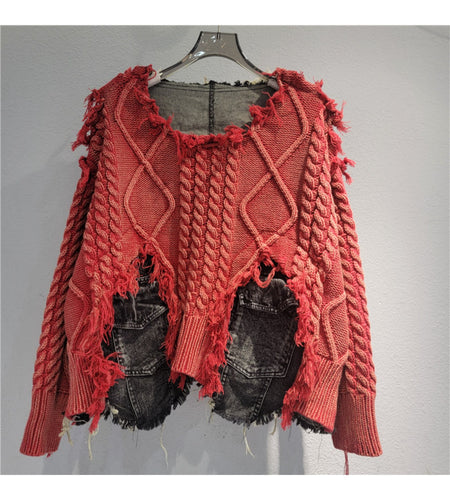 Trendy Braided Patchwork Denim Crewneck Long-Sleeve Cropped Sweater for Women, Fall/ Winter 2025