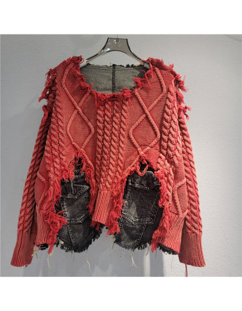 Load image into Gallery viewer, Trendy Braided Patchwork Denim Crewneck Long-Sleeve Cropped Sweater for Women, Fall/ Winter 2025
