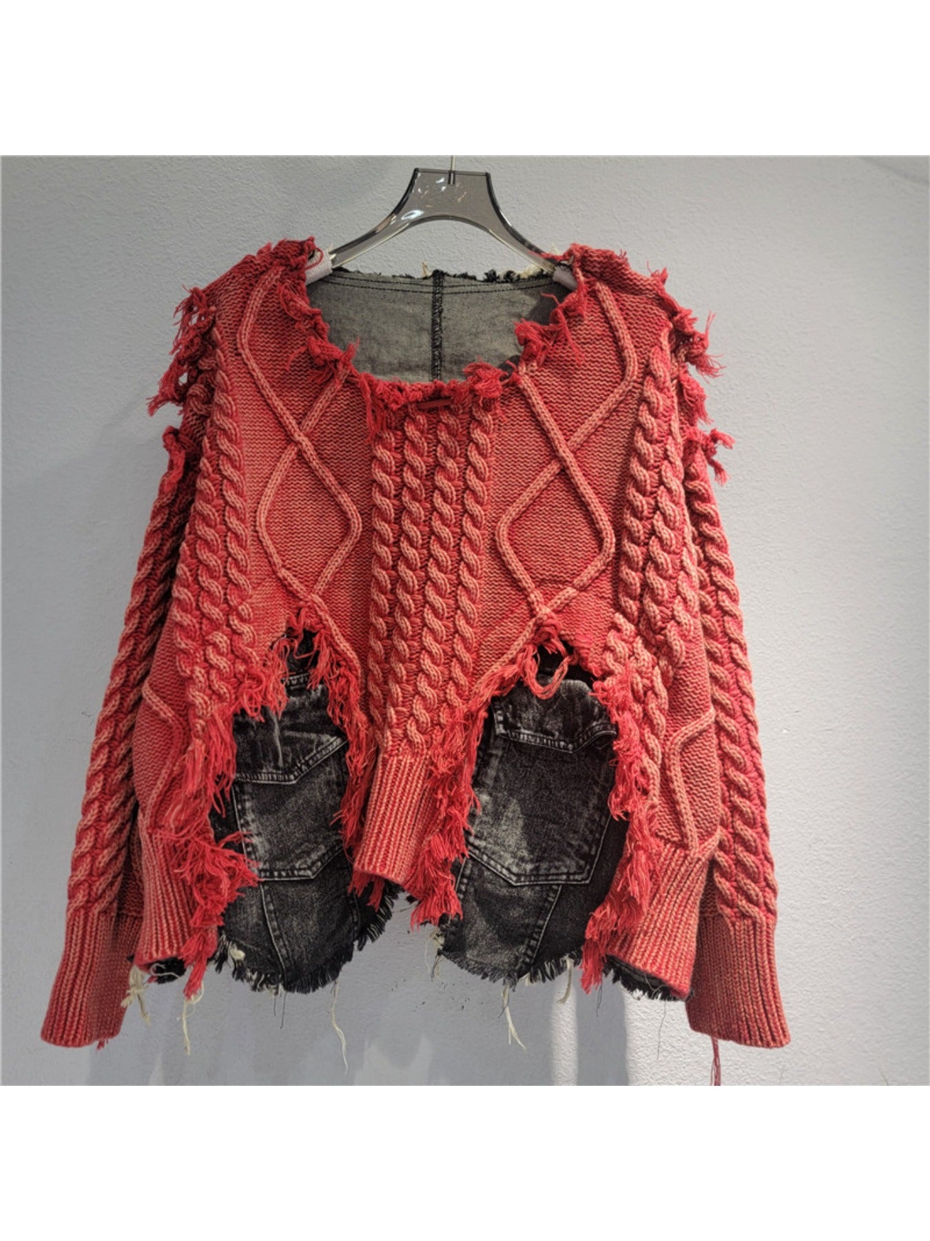 Trendy Braided Patchwork Denim Crewneck Long-Sleeve Cropped Sweater for Women, Fall/ Winter 2025