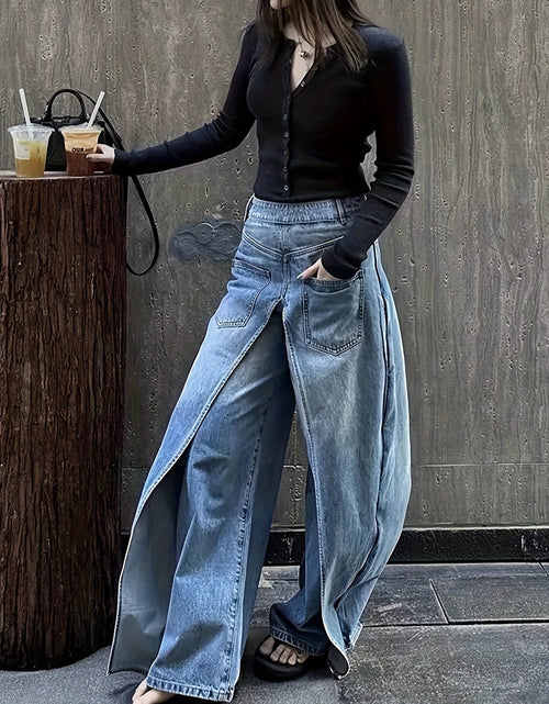 Load image into Gallery viewer, Women&#39;s 2-in-1 High Waist Vintage Washed Denim Jeans Magic Mia Barrel Jeans Baggy Urban Explorer Pants Faux Two-Layer Overlay Side Zipper Street Style
