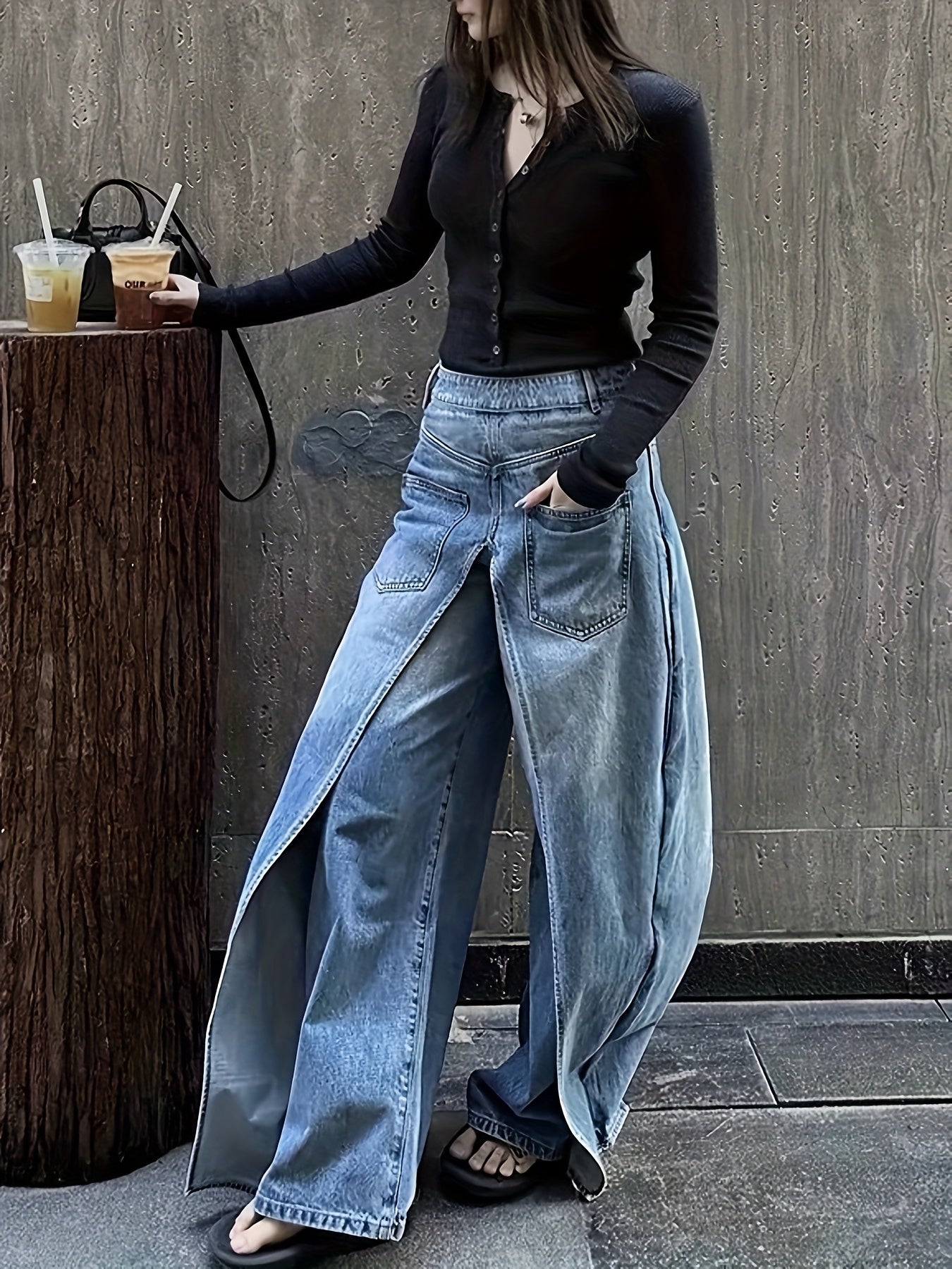 Women's 2-in-1 High Waist Vintage Washed Denim Jeans Magic Mia Barrel Jeans Baggy Urban Explorer Pants Faux Two-Layer Overlay Side Zipper Street Style