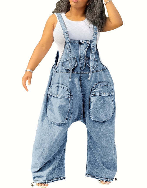 Load image into Gallery viewer, Women&#39;s High-Waisted Bib Denim Overalls Jumpsuit - Loose Wide-Leg Jeans with Cargo Pockets, Adjustable Straps &amp; Metal Buckles, 98% Cotton, Machine Washable for Casual Streetwear
