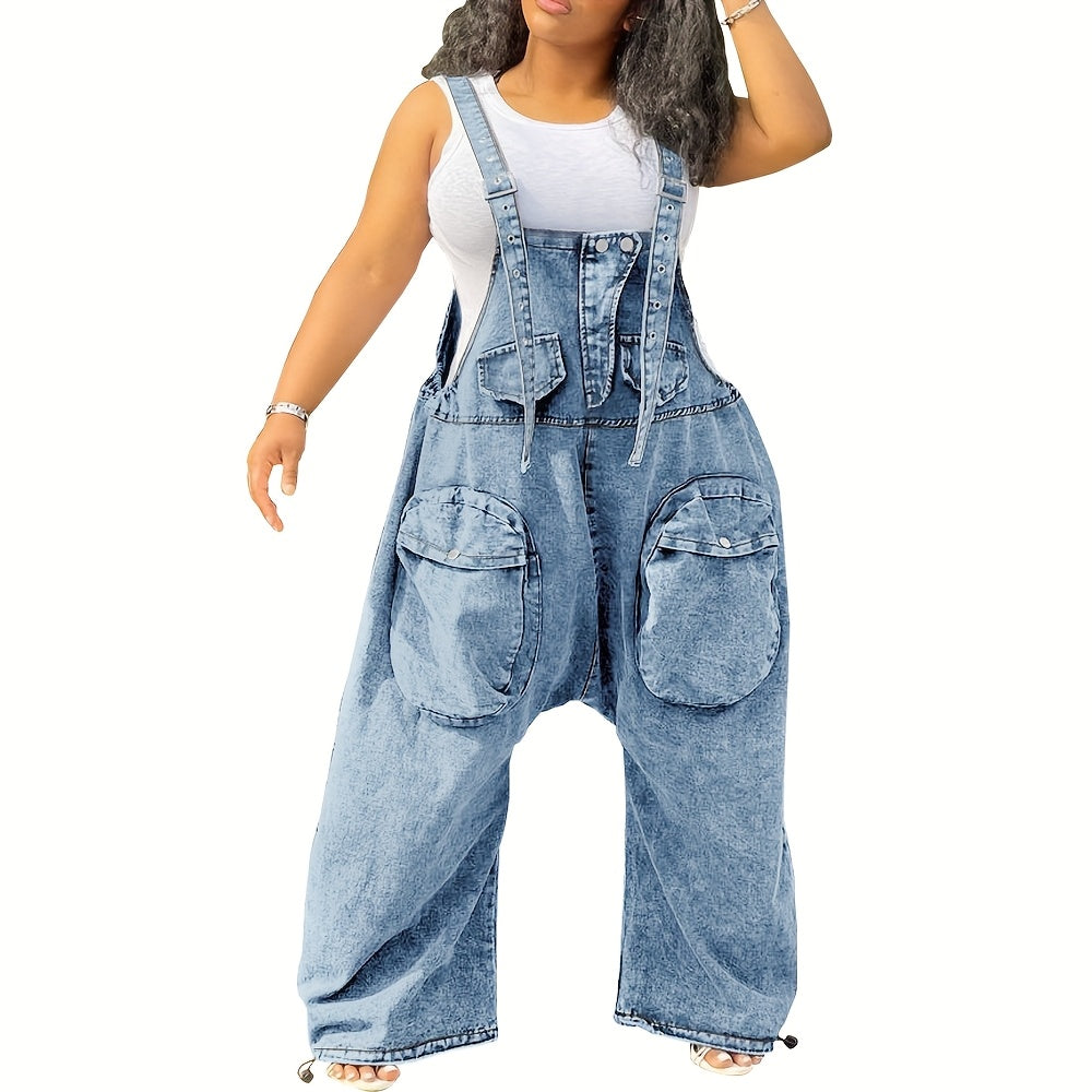 Women's High-Waisted Bib Denim Overalls Jumpsuit - Loose Wide-Leg Jeans with Cargo Pockets, Adjustable Straps & Metal Buckles, 98% Cotton, Machine Washable for Casual Streetwear