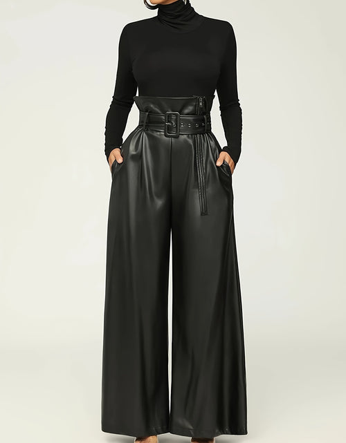 Load image into Gallery viewer, Women High-Waisted Wide Leg Pants with Metallic Belt Detail - Elegant Solid Black Trousers, All-Season Versatile Office &amp; Casual Wear, Durable PU Material,  Easy Care, High Waisted Formal Trousers, Sleek Design, Smooth Textur
