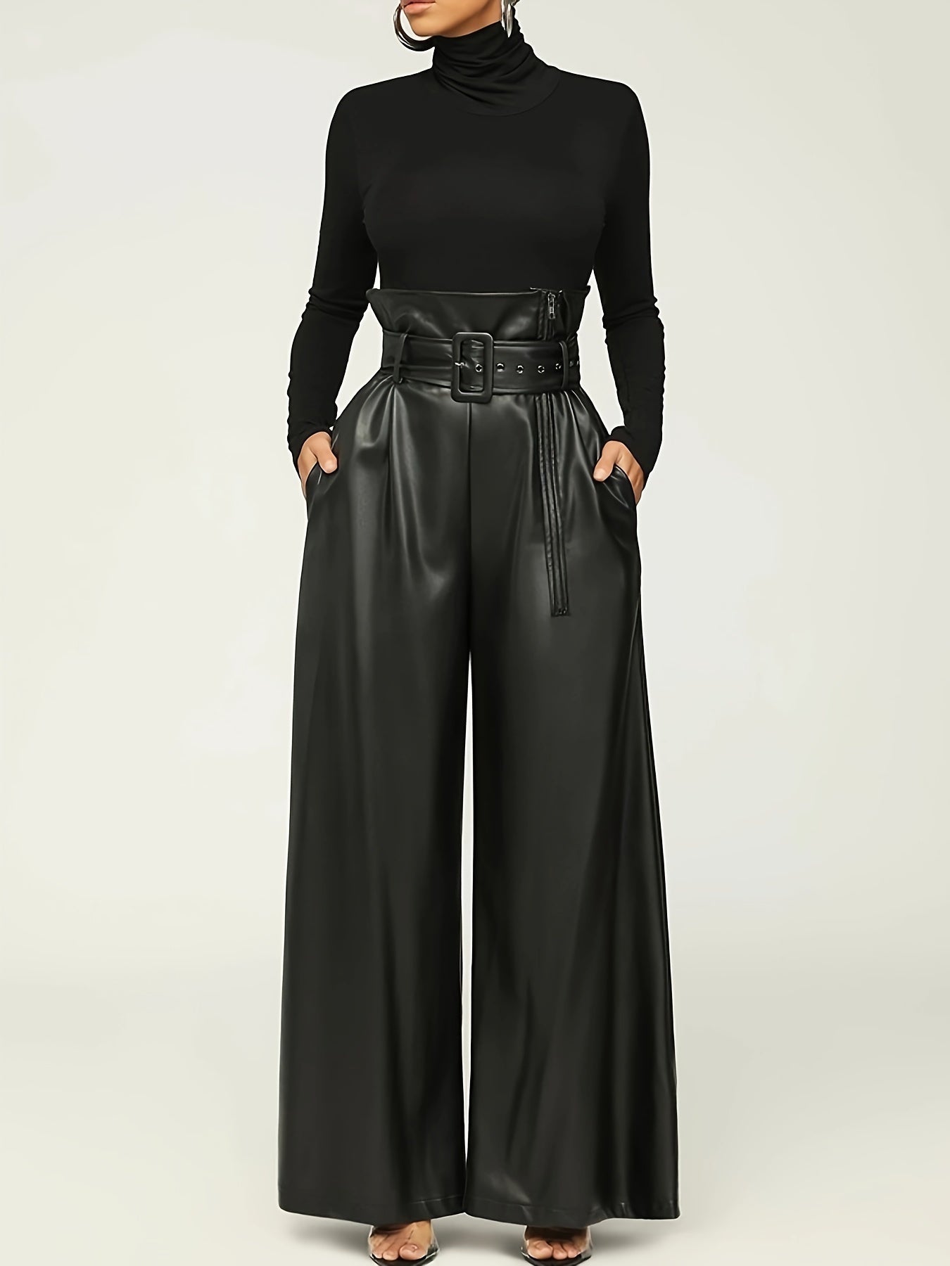 Women High-Waisted Wide Leg Pants with Metallic Belt Detail - Elegant Solid Black Trousers, All-Season Versatile Office & Casual Wear, Durable PU Material,  Easy Care, High Waisted Formal Trousers, Sleek Design, Smooth Textur