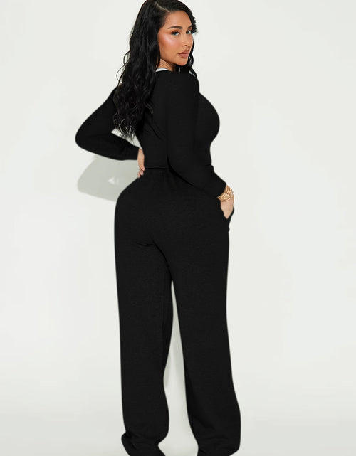 Load image into Gallery viewer, 2pcs Women Casual Long Sleeved Top And Side Striped Style Drawstring Pocket Pants Set For Autumn And Winter
