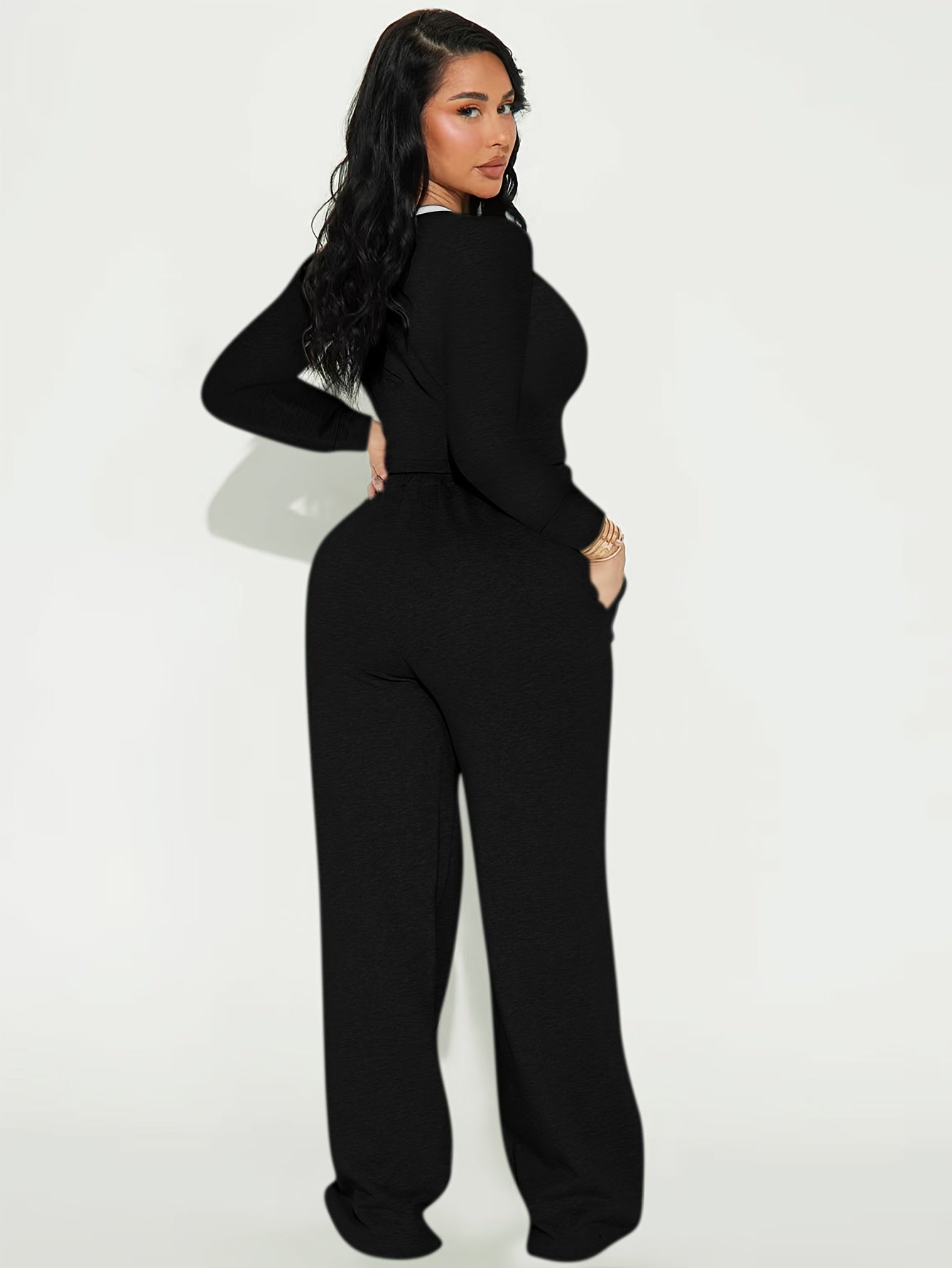 2pcs Women Casual Long Sleeved Top And Side Striped Style Drawstring Pocket Pants Set For Autumn And Winter