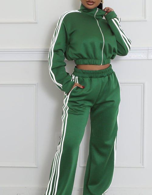 Load image into Gallery viewer, Autumn Striped Long-Sleeved Two-Piece Set - Contrasting Color Zipper Thickened Sweatshirt Casual Commuting Set, Solid Color Striped Side Trim, Elastic Short Top, Comfortable Straight-Leg Pants
