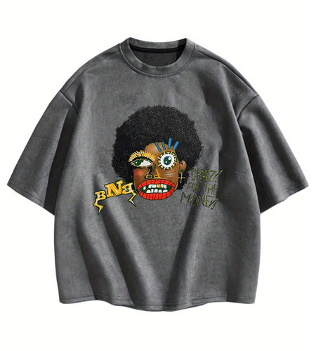 Loose Fit Short Sleeve T-Shirt - Retro Abstract Face & Geometric Print, Beige Unisex Casual Summer Top, Machine Washable, Bold Graphic Tee | Soft Texture Tee